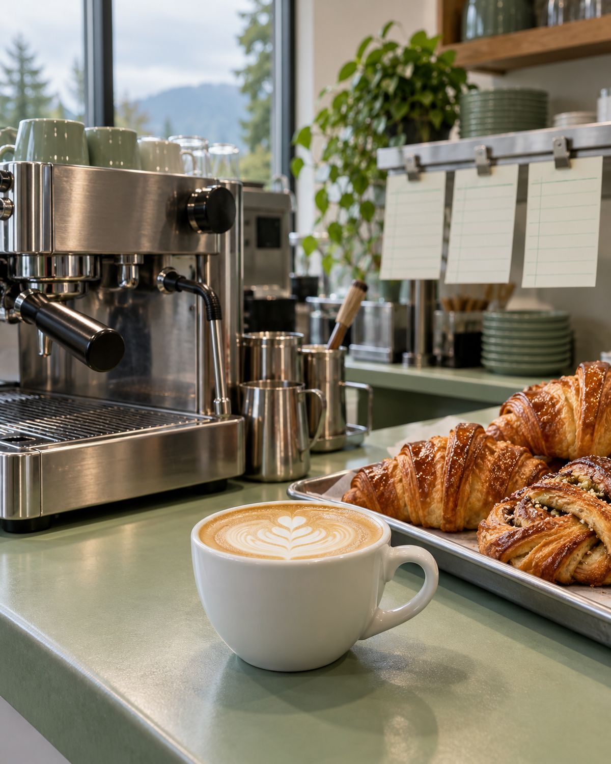 The espresso bar in morning light, a flat white and a tray of pastries on the counter