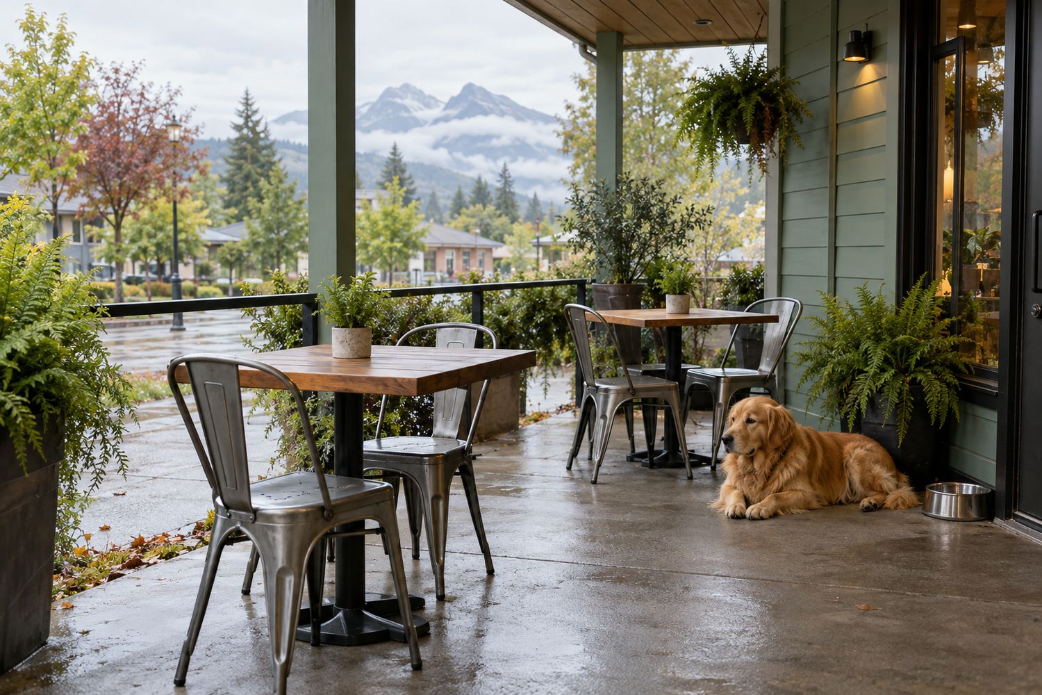 The covered patio with wooden tables, a water bowl and a dog resting by a chair
