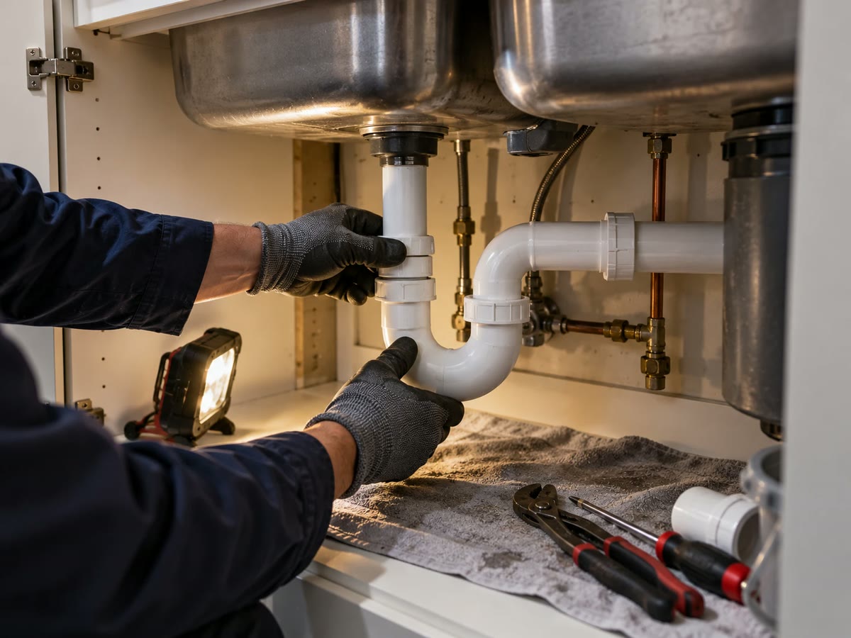 A plumber's gloved hands fitting a new trap under a kitchen sink