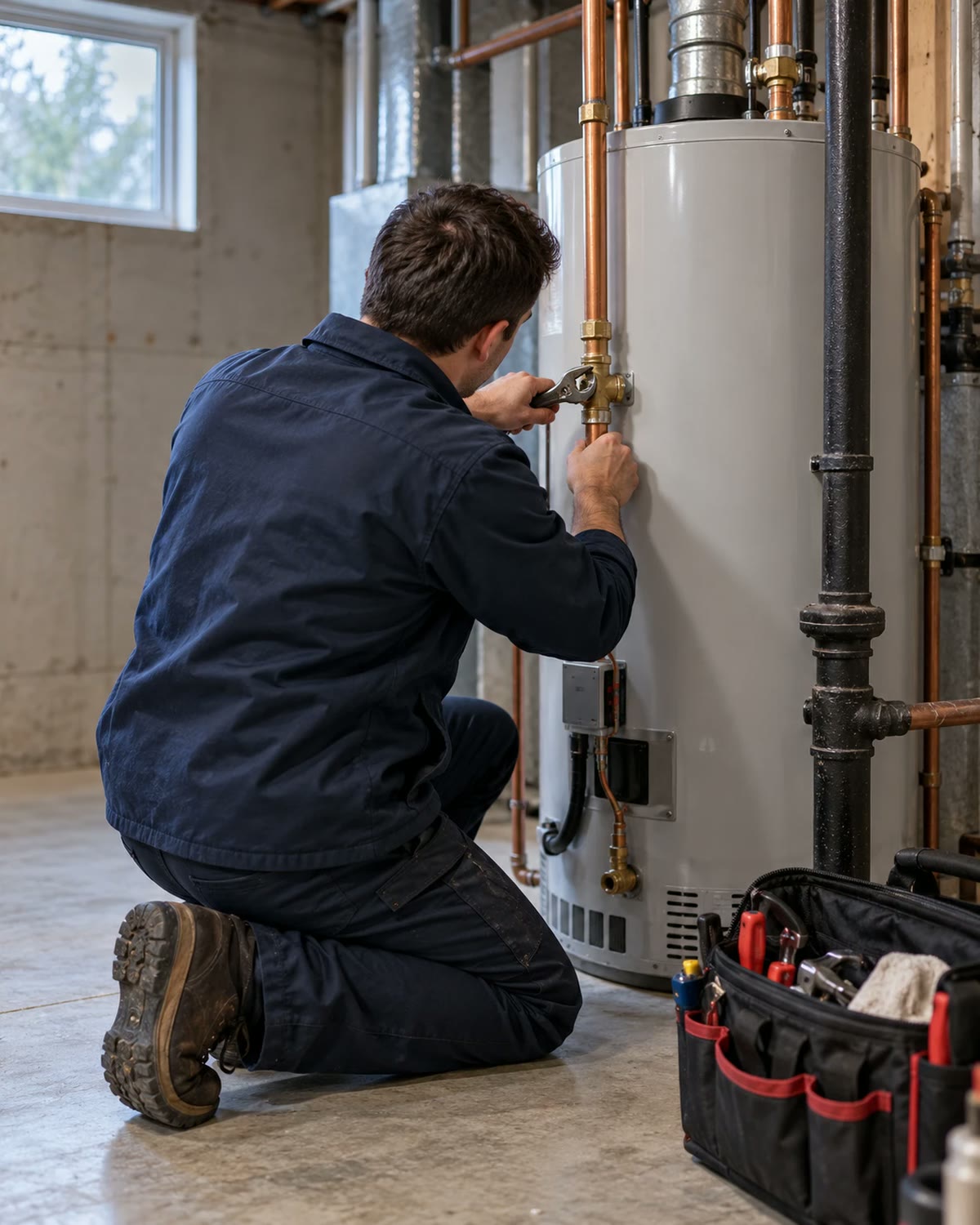 A Firweather plumber checking the fittings on a hot water tank in a basement utility room