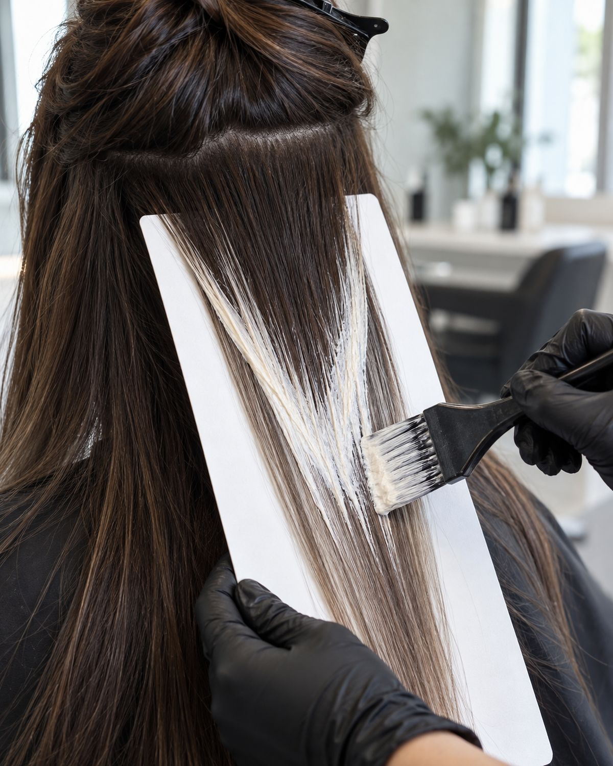 Lightener being hand-painted onto dark brown hair