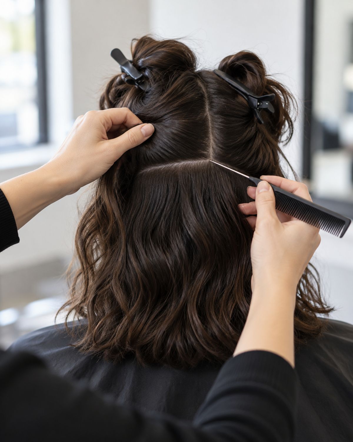 A stylist's hands sectioning wavy hair with clips